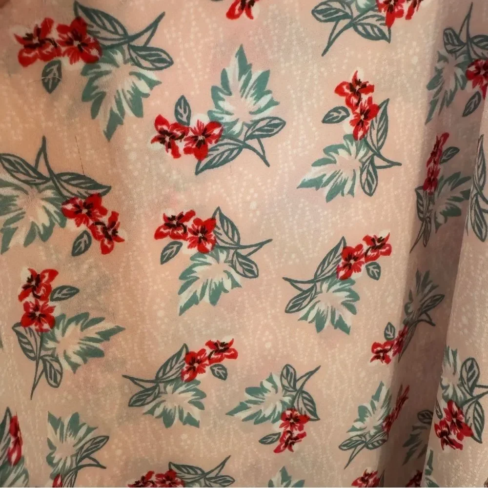 LOFT Petite Small Spring Leaf Flutter Shell Floral Blouse - Pink Red Green
